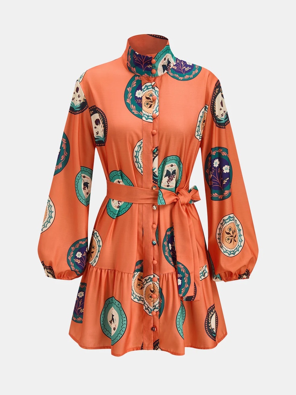 Commense Printed Belted Cotton Linen Long Sleeve Mini Dress - Picture 1 of 16